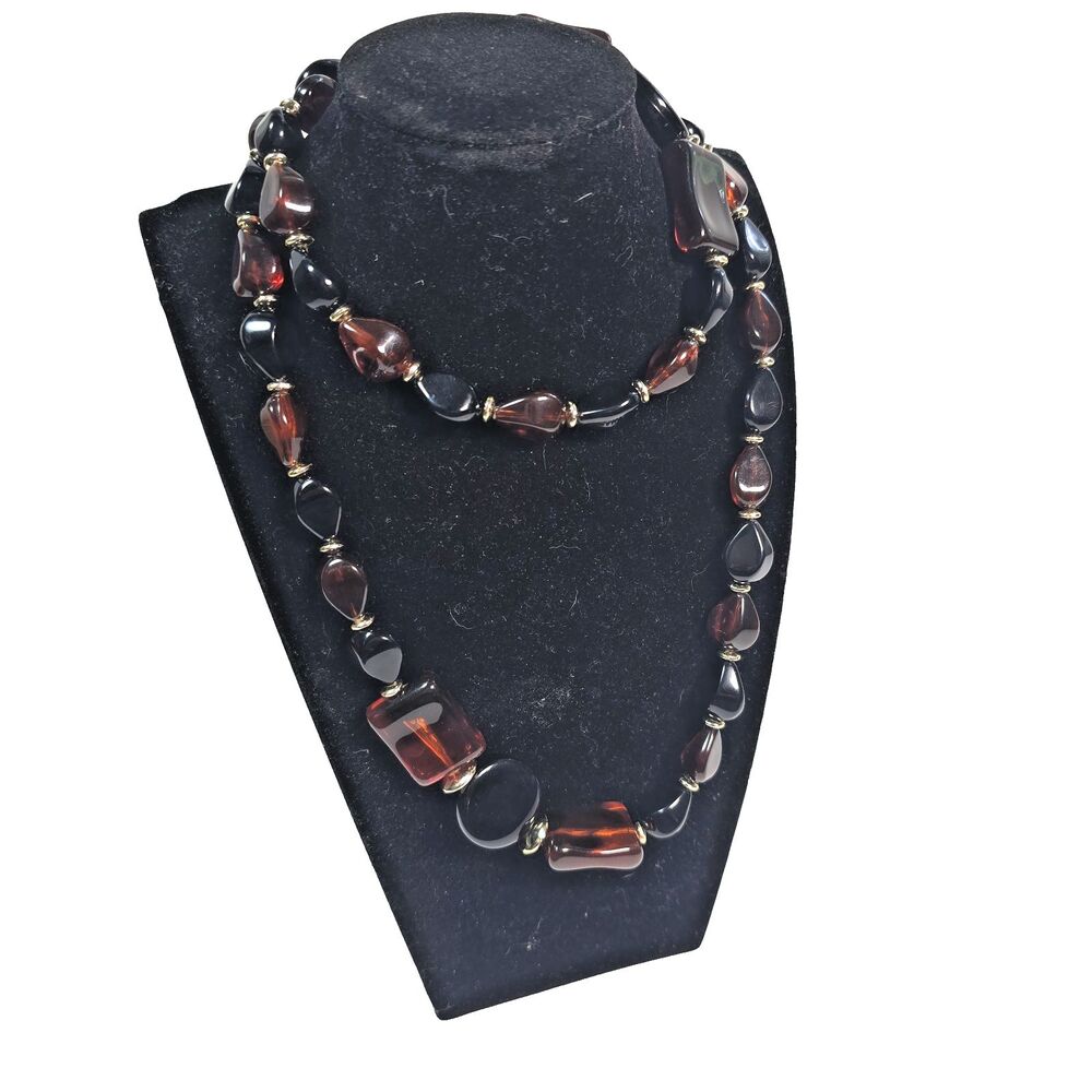 Vintage Lucite Tortoise Shell Statement Necklace Amber Black Beaded 32"